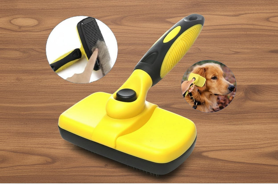 Yellow self-cleaning slicker brush for dogs and cats