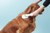 Golden dog being groomed with self-cleaning deshedding brush