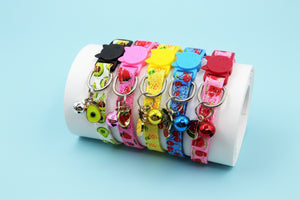 Assorted fruit print cat collars in strawberry cherry avocado watermelon designs