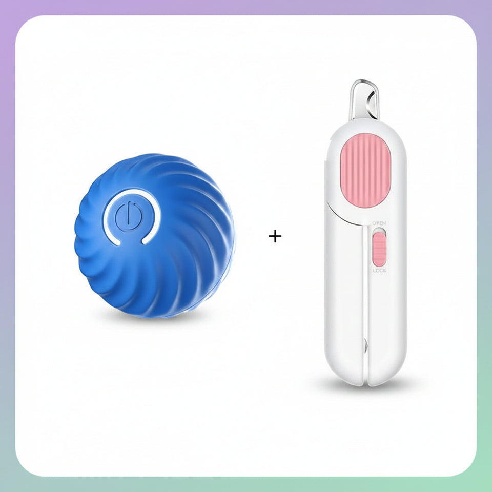 Blue interactive gravity jumping ball dog toy paired with a pink LED labor saving pet nail clipper combo set