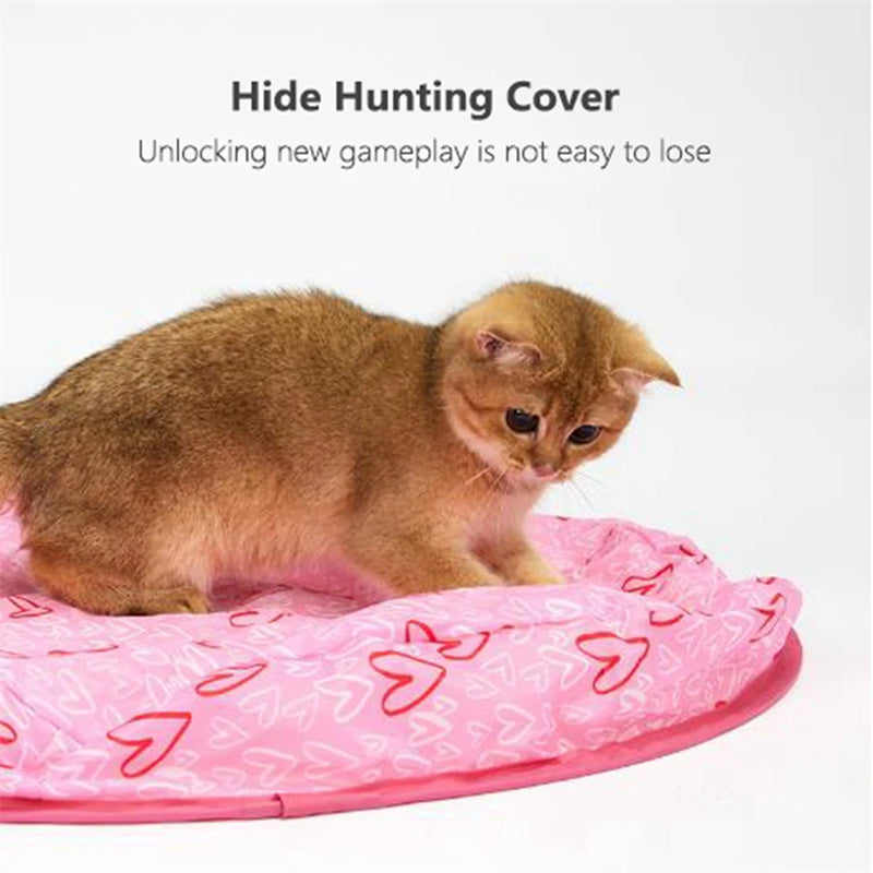 Cat playing under the hunting cover with rolling toy ball