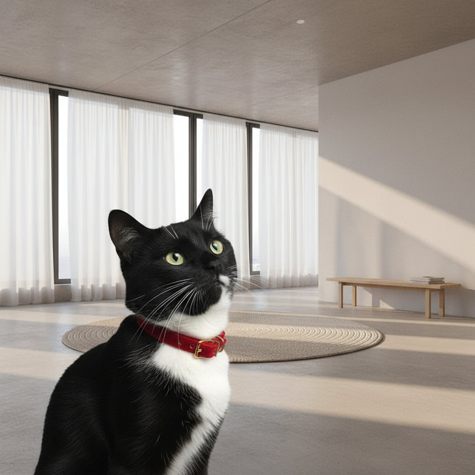 Black and white cat wearing red soft velvet collar