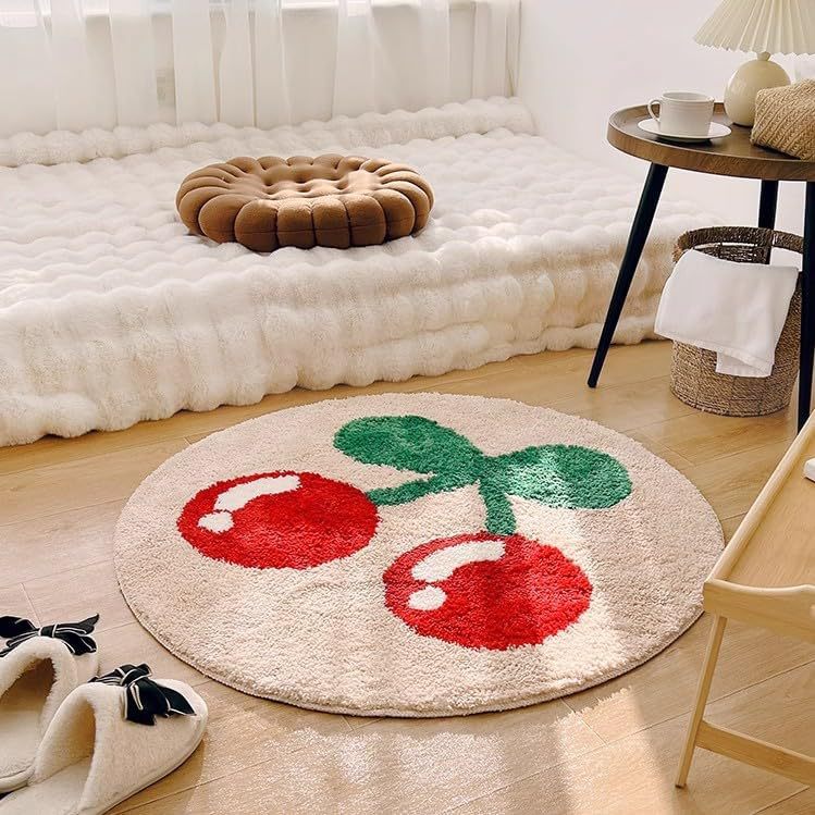 White round rug with cute red cherry print pattern