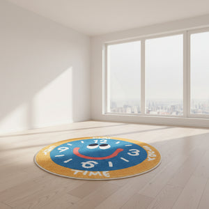 Round blue and yellow Play Time clock cartoon area rug in bedroom