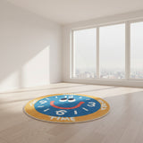 Round blue and yellow Play Time clock cartoon area rug in bedroom