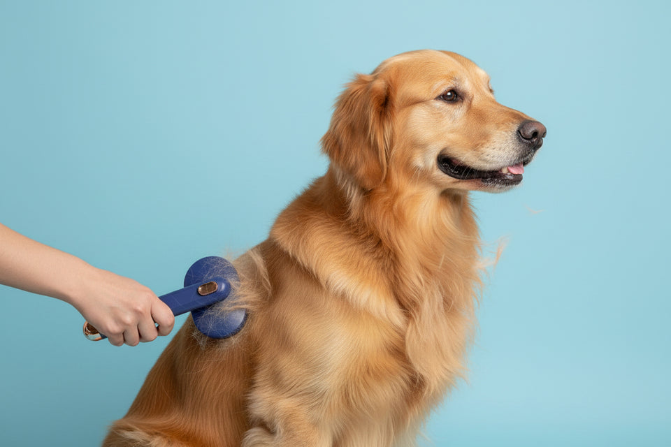 Golden dog being groomed with self-cleaning deshedding brush