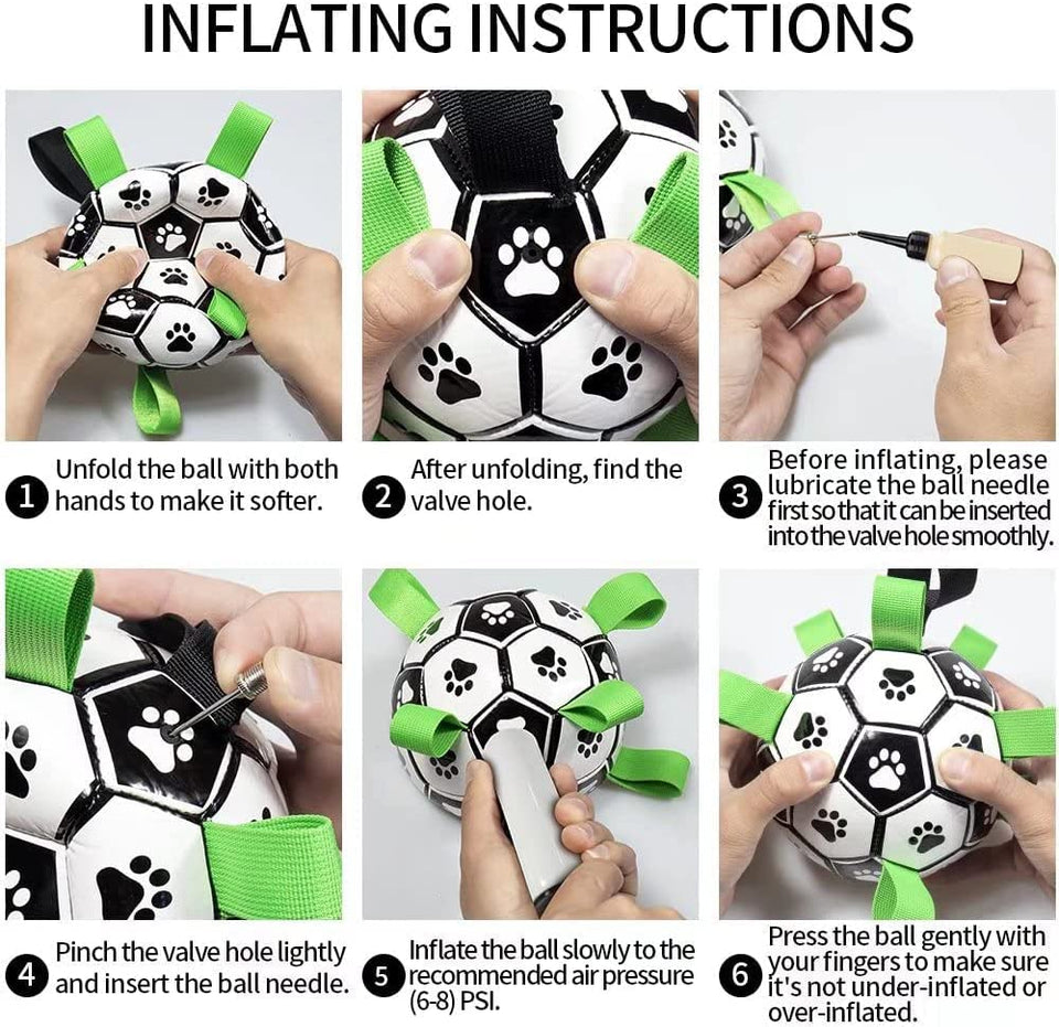 Close-up of inflatable dog soccer ball showing sturdy nylon tabs