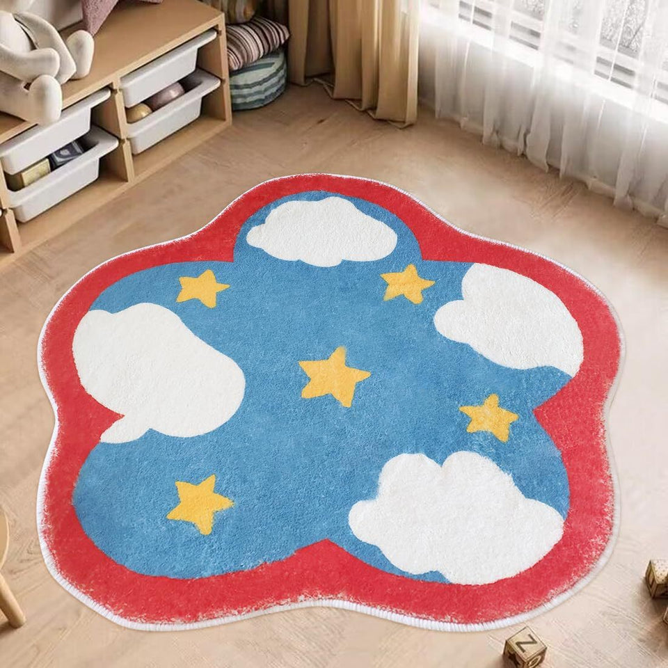 Colourful cloud-shaped rug with stars and soft pastel design
