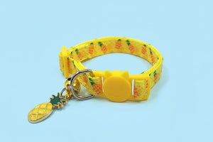 Green avocado print cat collar with silver bell and safety clasp