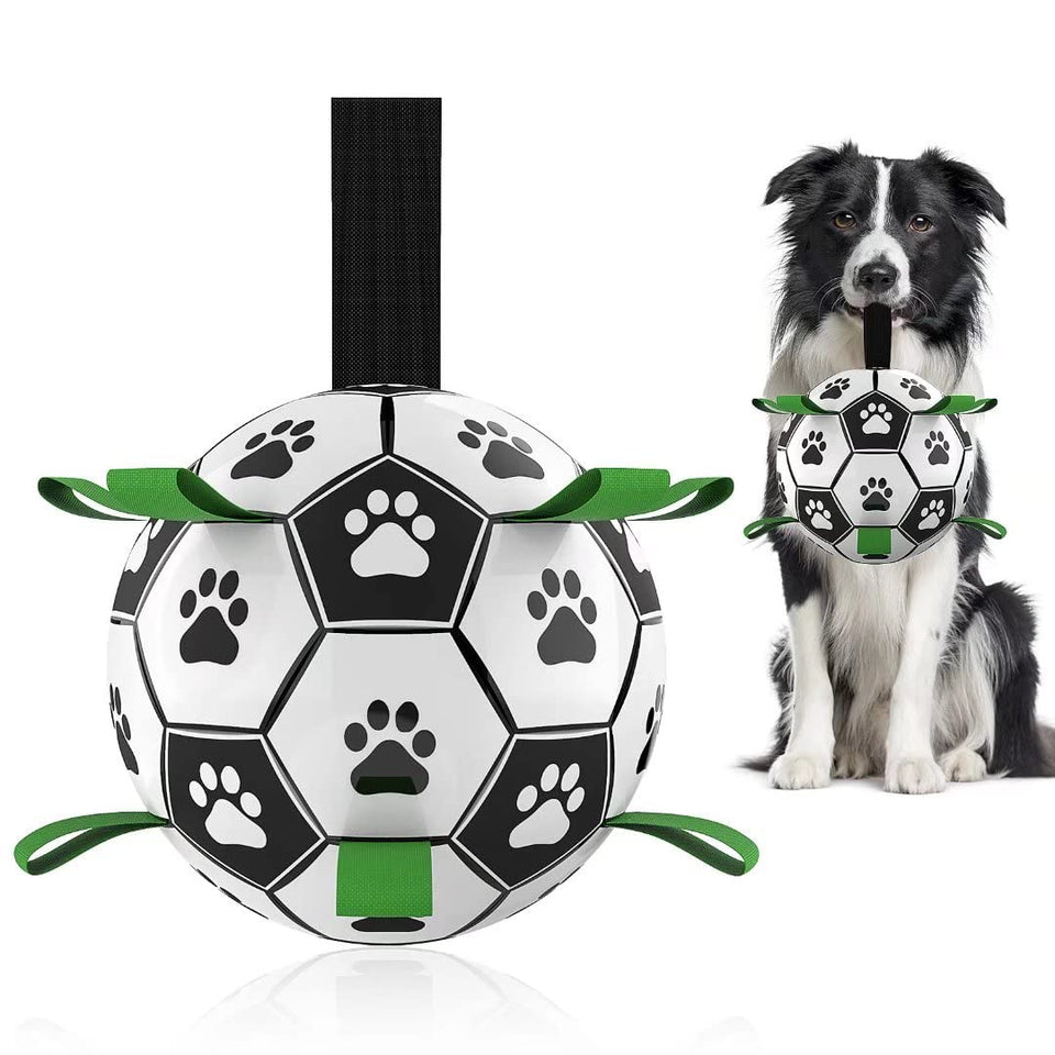 Inflatable dog soccer ball with green nylon tabs and paw print design