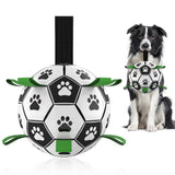 Inflatable dog soccer ball with green nylon tabs and paw print design