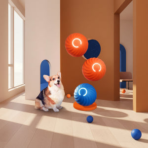 Interactive bouncing dog toy ball in orange and blue with a happy dog ready to play