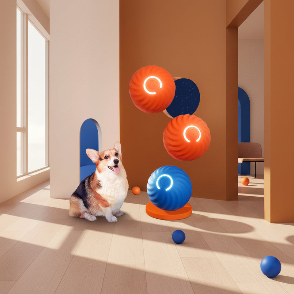 Interactive bouncing dog toy ball in orange and blue with a happy dog ready to play