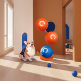 Interactive bouncing dog toy ball in orange and blue with a happy dog ready to play