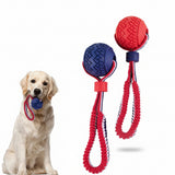 Durable interactive blue dog chew ball with rope for teething and indoor fetch play