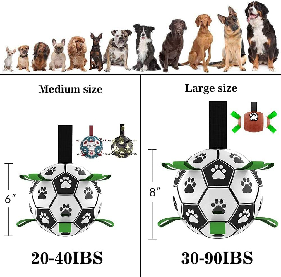 Assorted color dog football toys shown with inflation pump