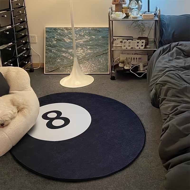 Navy blue 8-ball style round rug for modern kids room