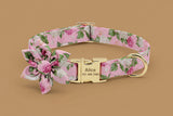 Floral printed dog collar with gold engraved name tag and removable flower bow