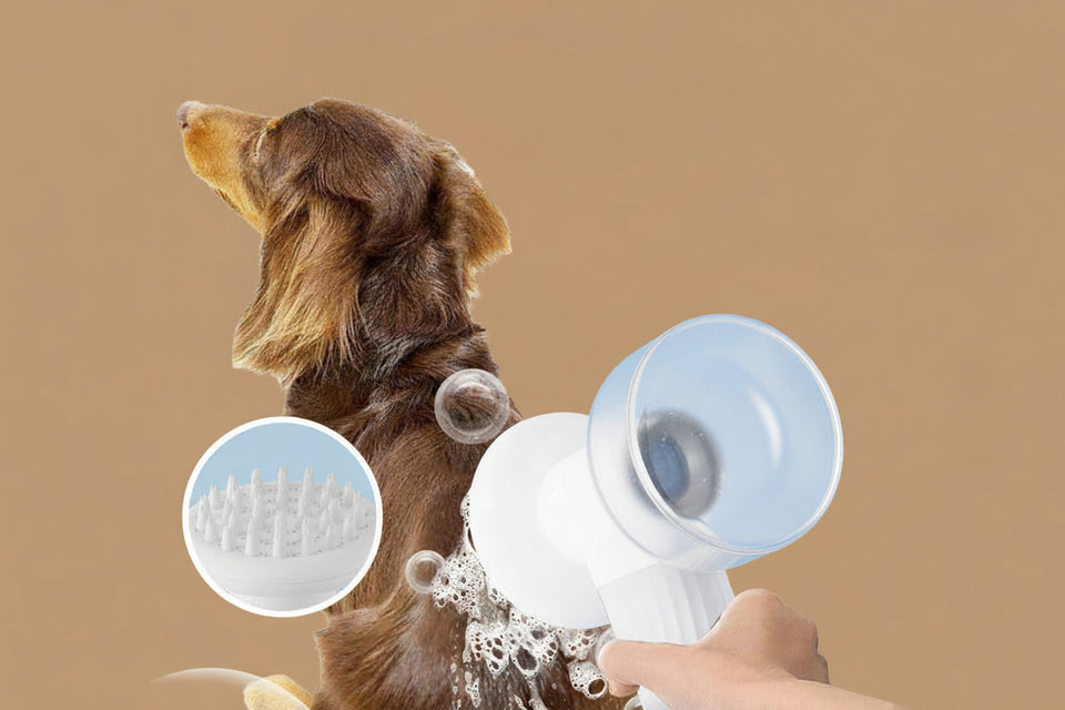 Electric foaming pet shampoo brush shown from different angles