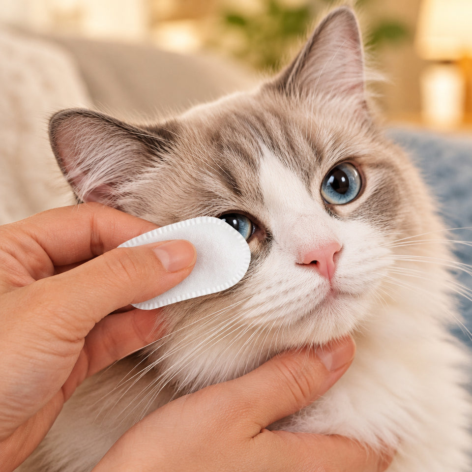Hand gently cleaning a cat’s teeth with soft finger-sleeve wipe