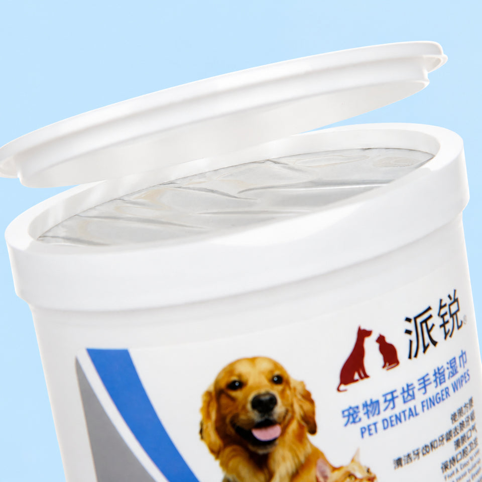 Open pet dental wipes tub showing wipe sheets