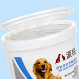 Open pet dental wipes tub showing wipe sheets