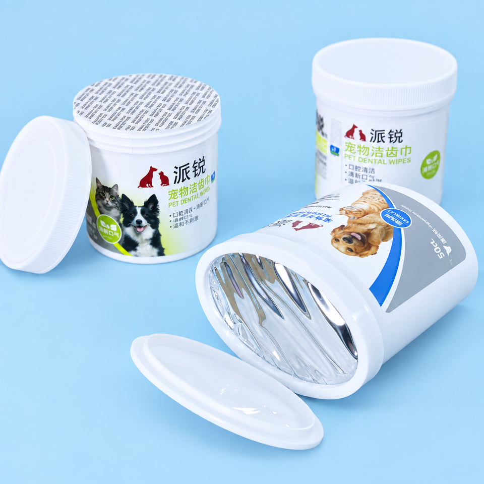 Pet dental wipes jars displayed with dogs and cats on the labels