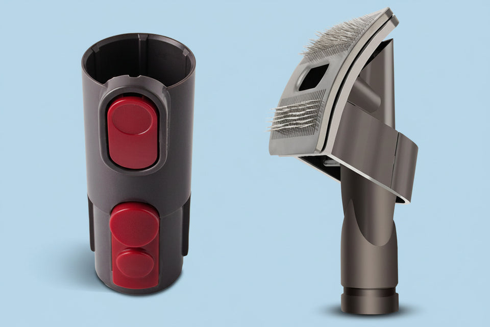 Pet vacuum brush attachment with red release button shown