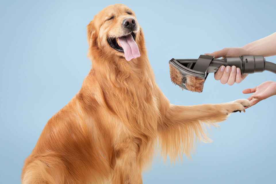 Golden Retriever being groomed with vacuum pet hair removal brush attachment