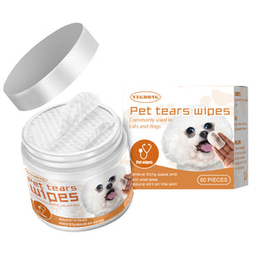Open jar of pet tear stain remover wipes with soft pads and cute dog packaging