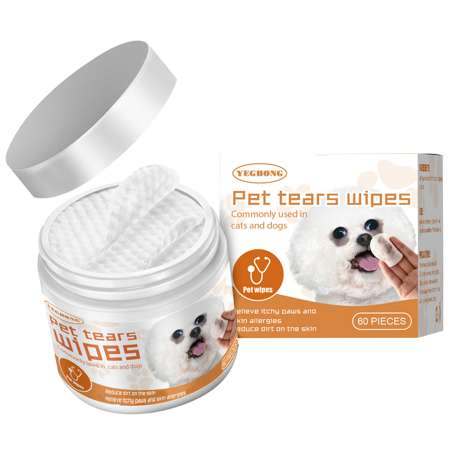 Open jar of pet tear stain remover wipes with soft pads and cute dog packaging