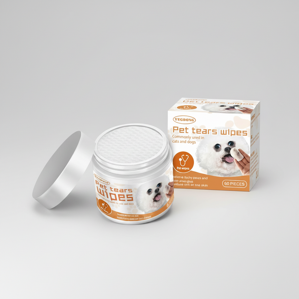 Pet tears wipes jar next to product packaging box showing size details