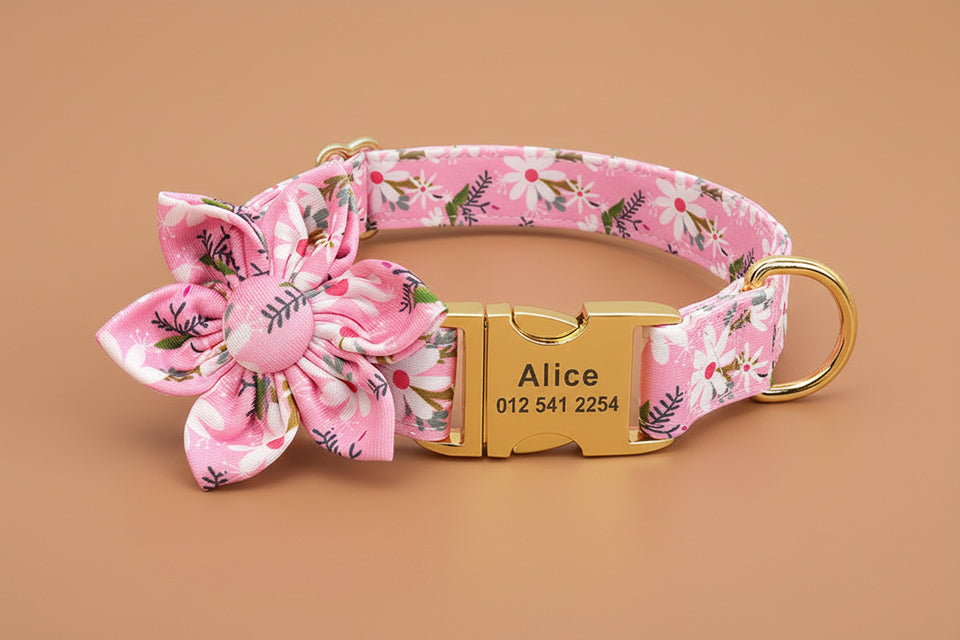 Pink floral personalized dog collar with removable flower and engraved tag