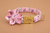 Pink floral personalized dog collar with removable flower and engraved tag