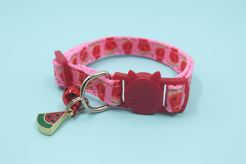 Pink strawberry print cat collar with bell and breakaway buckle