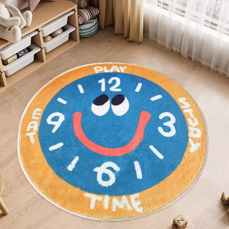 Alternate view of blue Play Time clock cartoon round rug