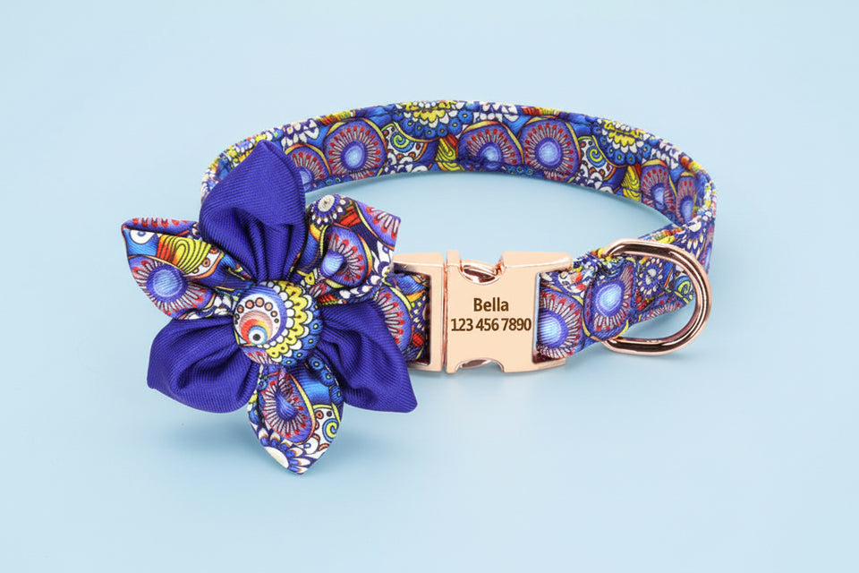 Purple floral dog collar with custom engraved ID tag and bow