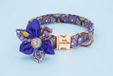 Purple floral dog collar with custom engraved ID tag and bow