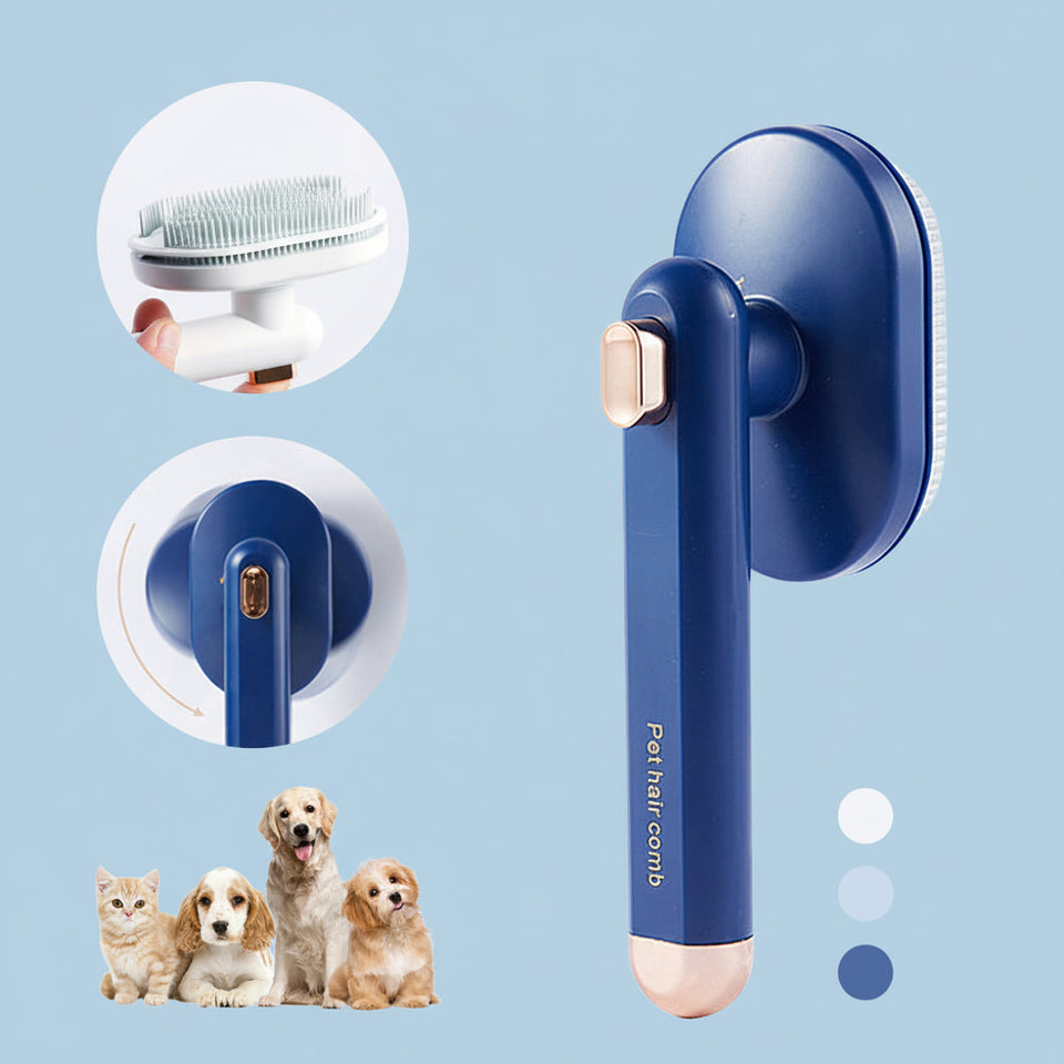 Self-cleaning pet hair brush for dogs and cats in blue color