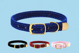 Blue soft velvet cat collar with gold buckle and stitching
