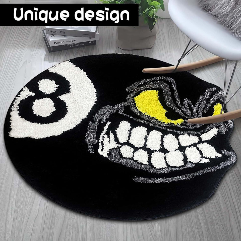 Black 8-ball cartoon rug with big toothy grin unique design